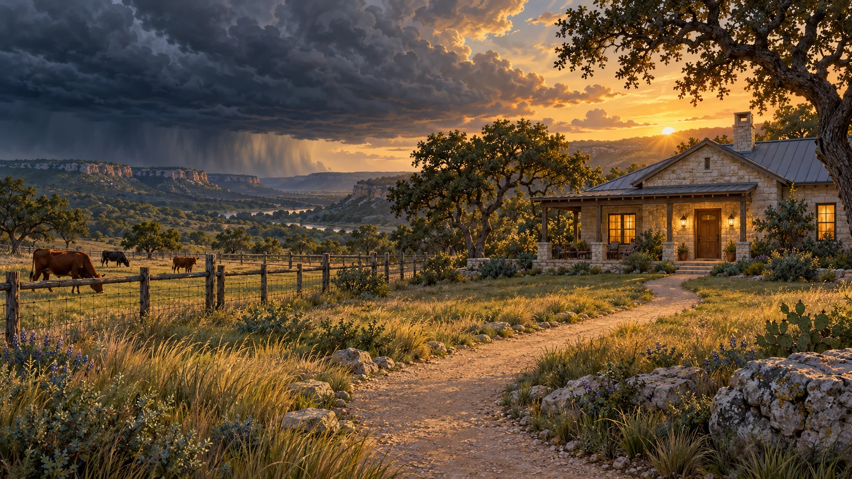 Illustration of a storm approaching a ranch house